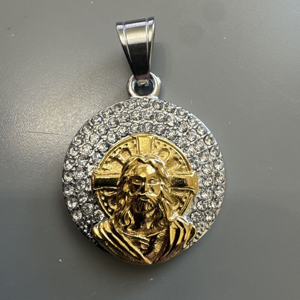 Stainless Steel Saint Jesus Christ Crucifix Pendant 24” Chain Cubic Zirconia